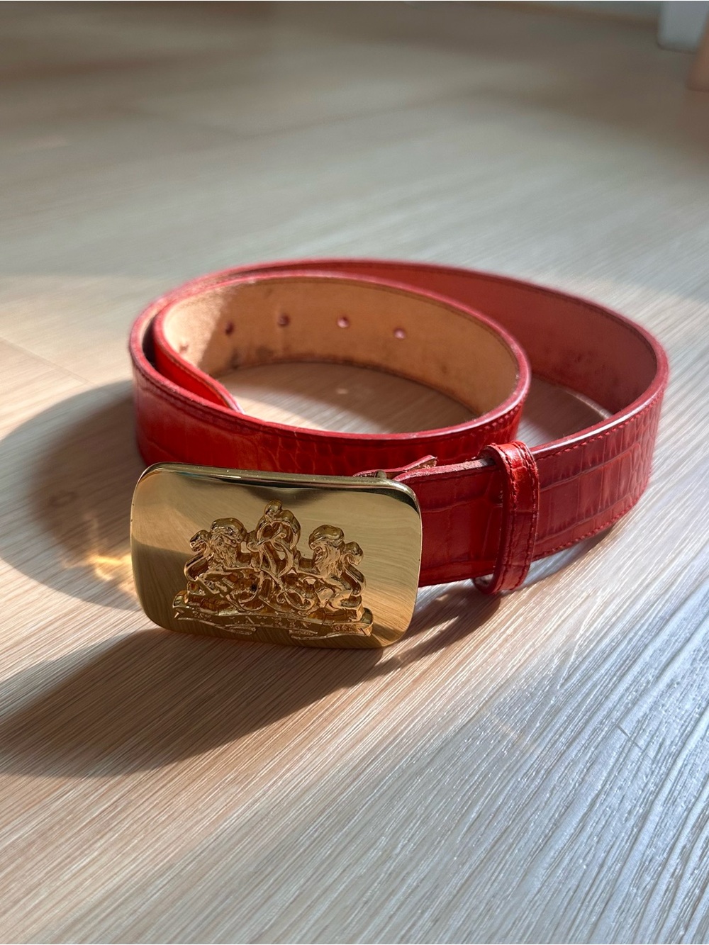 Polo by Ralph Lauren Red Crocodile Leather Belt with Gold Crest Buckle